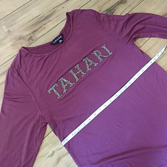 Burgundy Asymmetrical Long Sleeves Embellished Top By Tahari. Size L - Picture 13 of 17